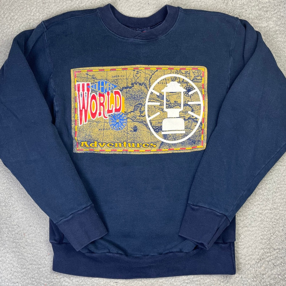 Coleman Lantern Sweatshirt Large Navy World Adventures Graphic Crewneck Pullover